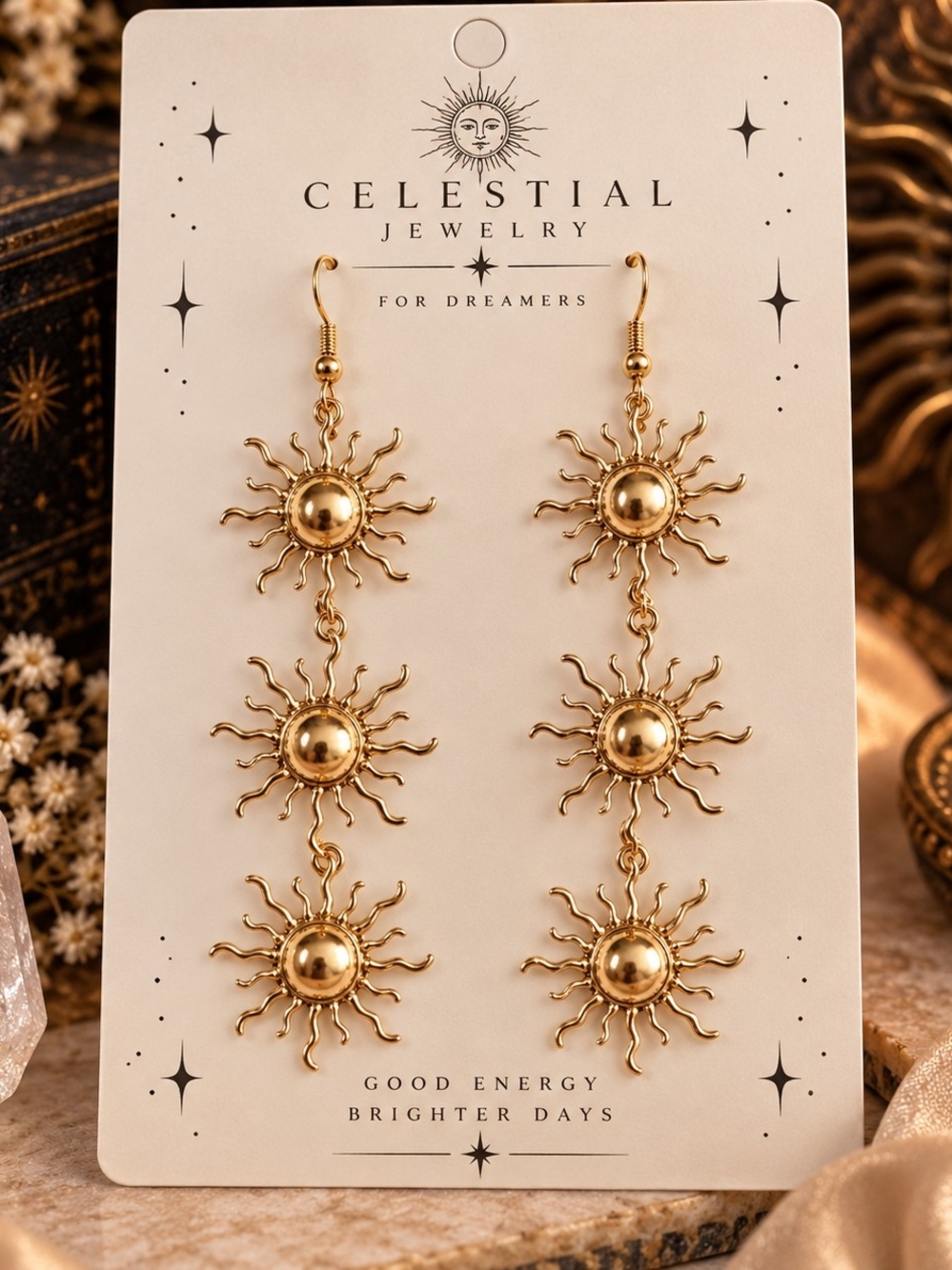 Gold Tone Metal Sun/Sunburst Dangle Drop Earrings New